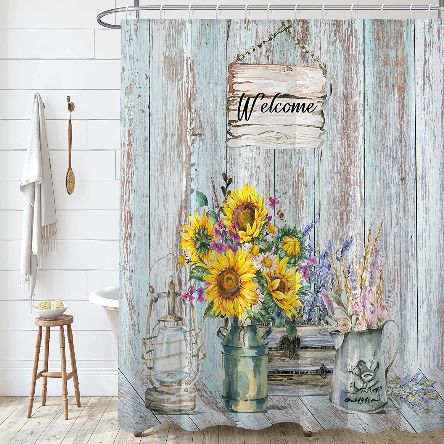 Rustic Farmhouse Shower Curtain,Sunflower Floral Shower Curtains Sets