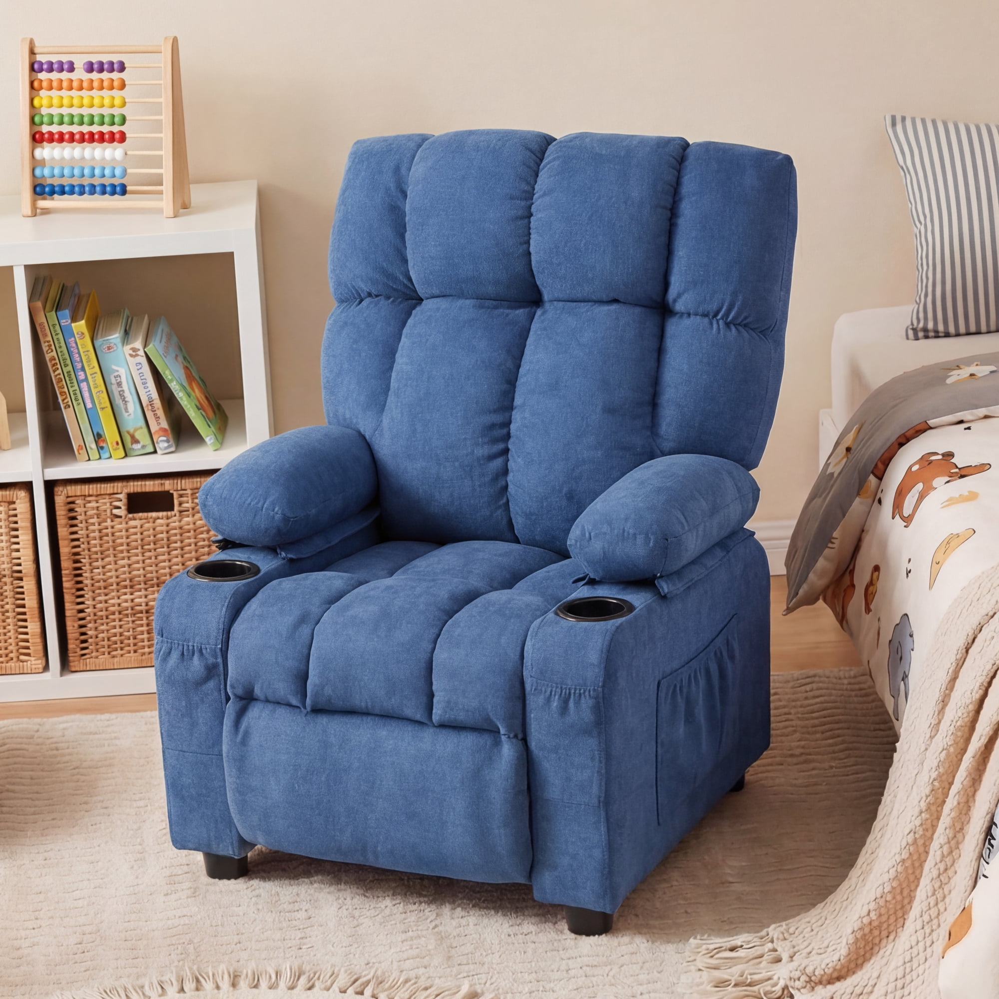 JONPONY Kids Recliner Chair,Push Back Toddler Recliner with Cup Holders & Side Pockets，Adjustable Footrest & Headrest Kids Sofa for Boys Girls 3+ Age Group，Children's Bedroom Furniture，Blue
