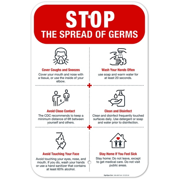 Stop The Spread Of Germs Sign, 12x18 Aluminum