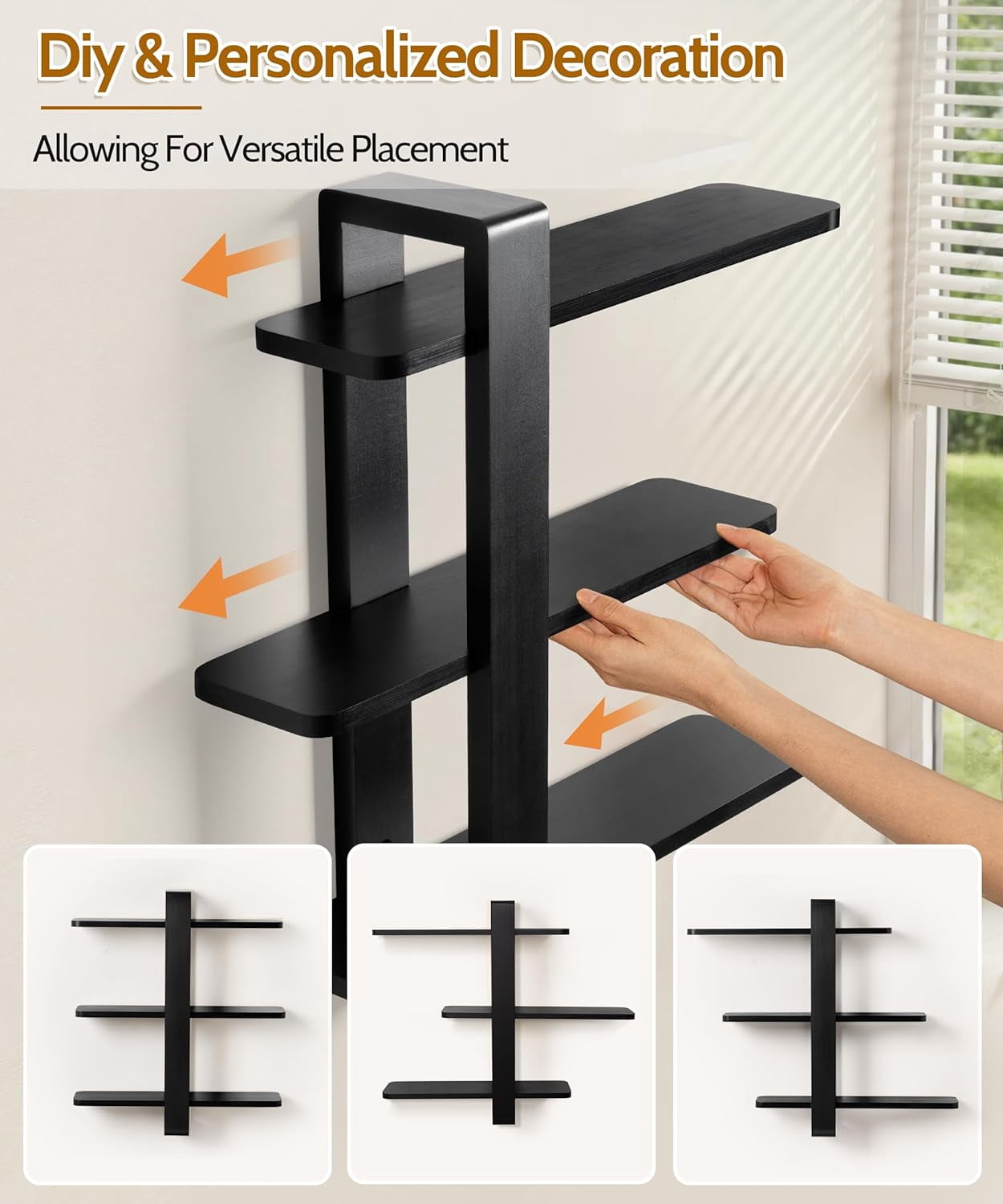 Gronda Black Floating Shelves for Wall Mounted, 3 Tier Pine Wood Shelf for Living Room Bathroom Bedroom Home Decoration Storage, Modern 20in