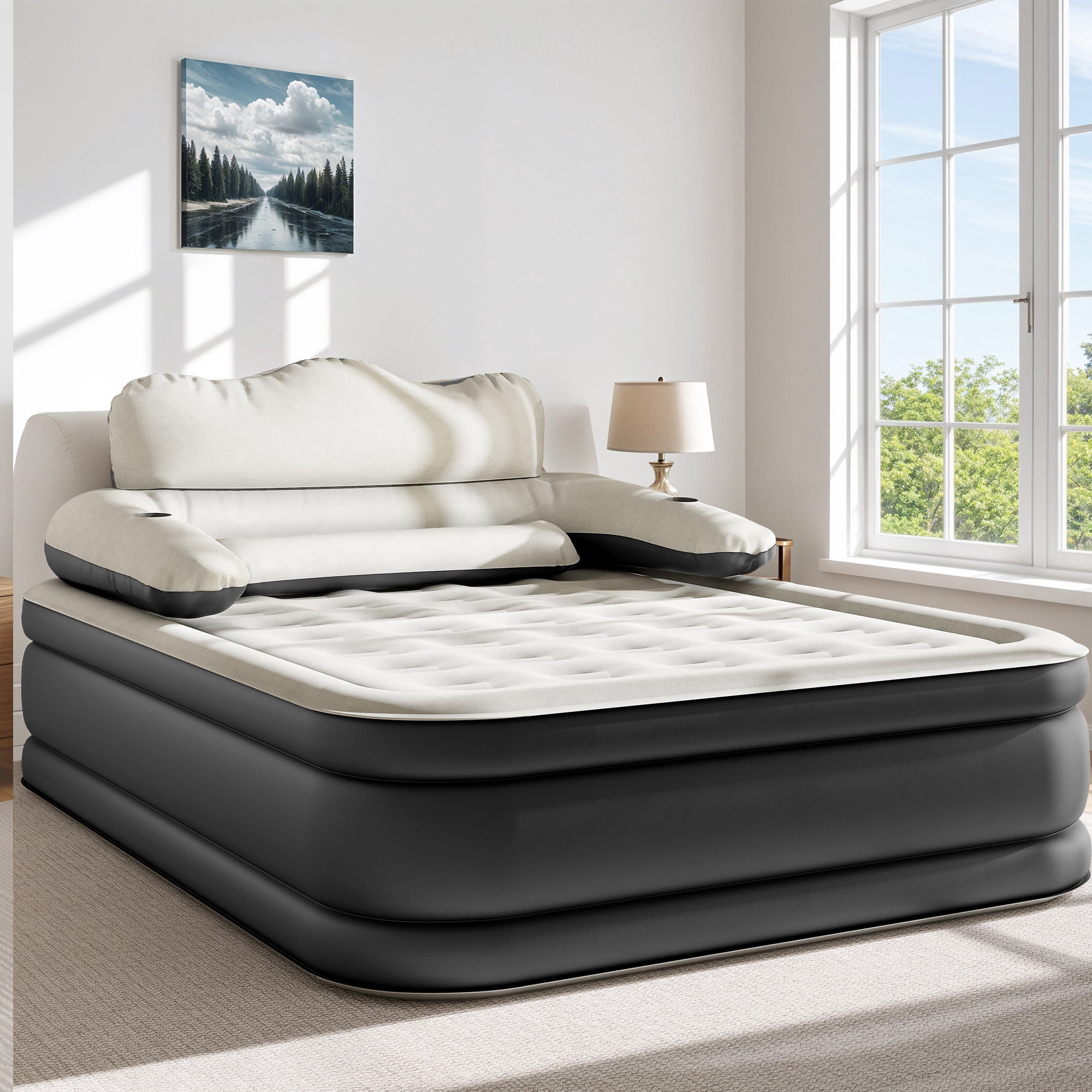 Uforic Queen Size Air Bed with Detachable Headboard & Integrated Pump, 18in Inflatable Mattress with Accessories for Home, Outdoors, and Travel