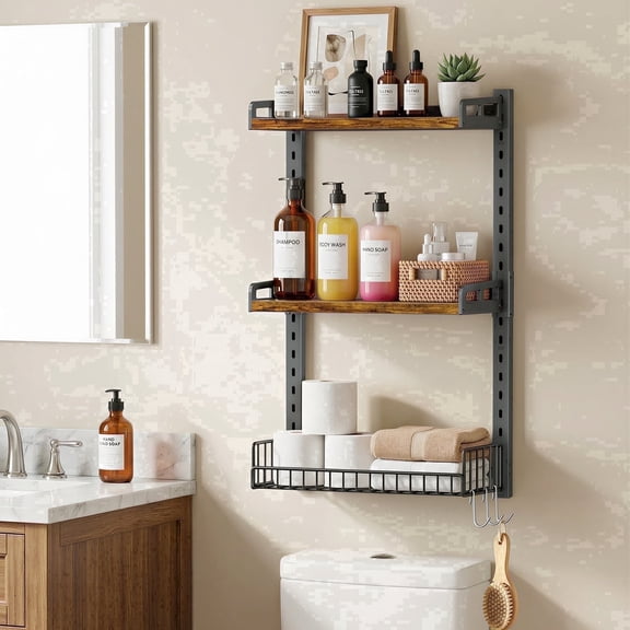 Biemlerfn 3-Tier Wall Mounted Storage Organizer Shelf, Space-Saving & Height-Adjustable Over The Toilet Storage Rack for Bathroom, Kitchen, Living Room, Brown