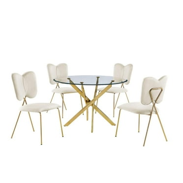 Round 45" x 45" 5pc Clear Glass Dinette Set with Cream Chairs