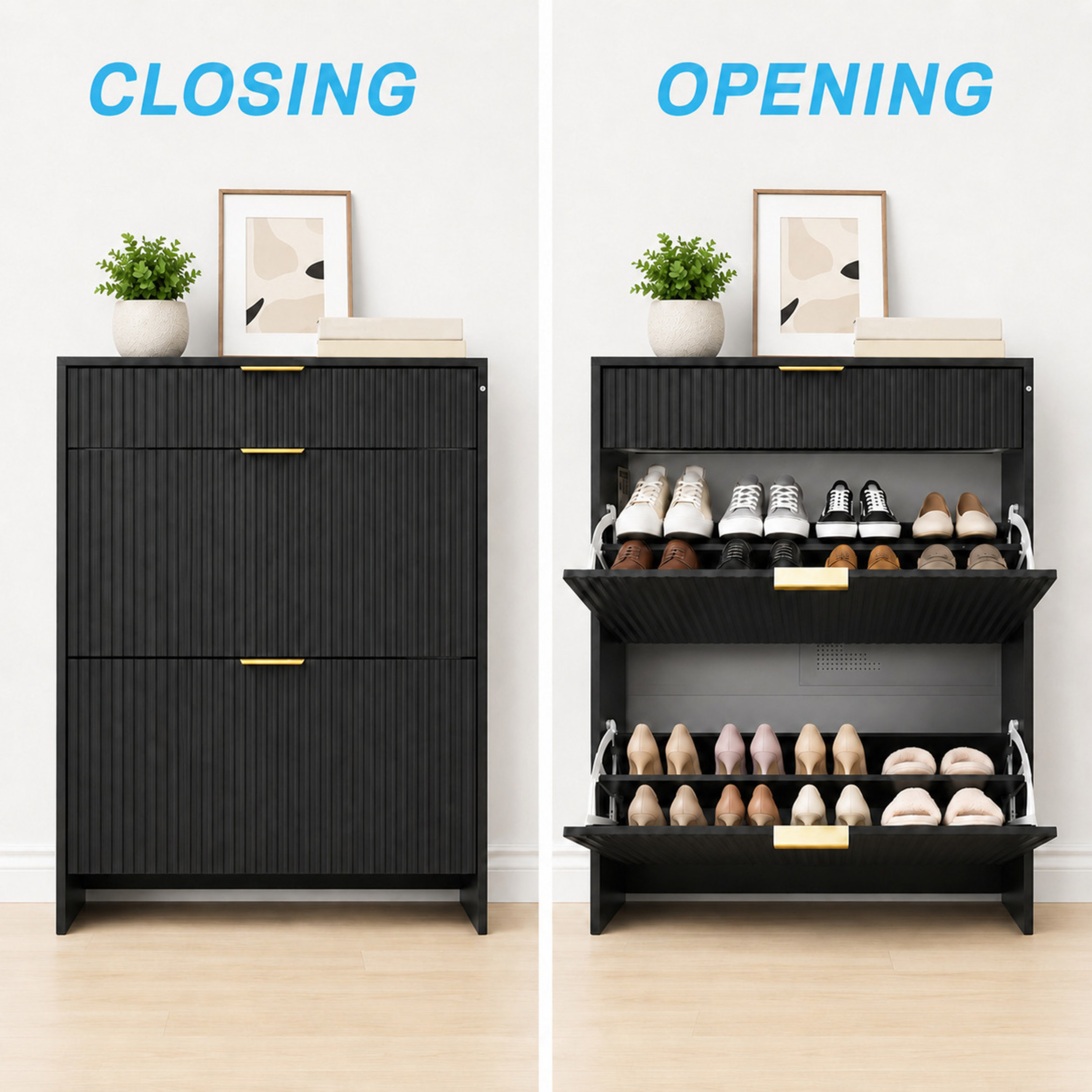 GDF Studio Solus Narrow Fluted Shoe Storage Cabinet with Gold Pull Handles, Modern Slim Hallway Organizer, Black