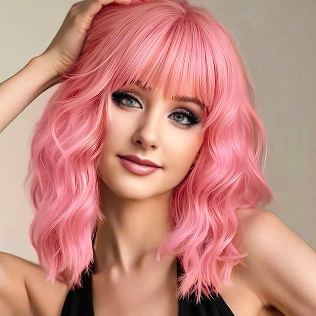 Peluca AGO rosa, pelo corto y ondulado, color pastel, con flequillo, 14 pulgadas