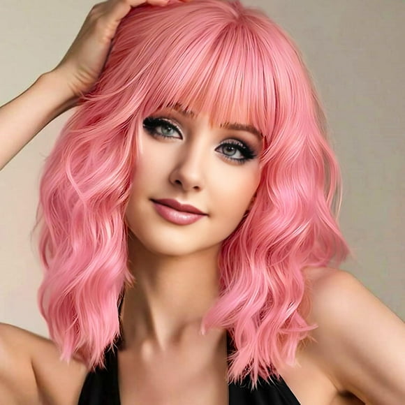 Peluca AGO rosa, pelo corto y ondulado, color pastel, con flequillo, 14 pulgadas