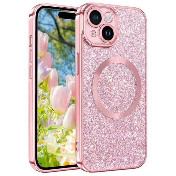 YINLAI iPhone 15 Case, iPhone 15 Phone Case Mag-safe Slim Magnetic Plating Sparkle Phone Cover for iPhone 15 6.1", Glitter Pink