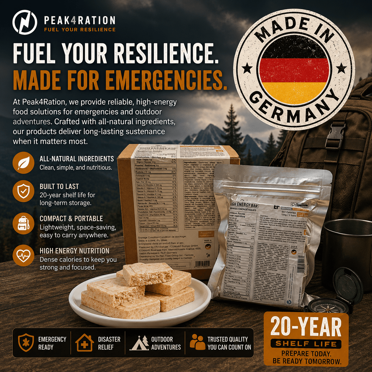 PEAK4RATION Emergency Ration Bars 4518kcal 1.08kg/9bags Neutral Sweet | Long Shelf-Life Survival High Energy Biscuits with Hot Porridge Option | MRE Emergency Preparedness Food Bar - Made in Germany