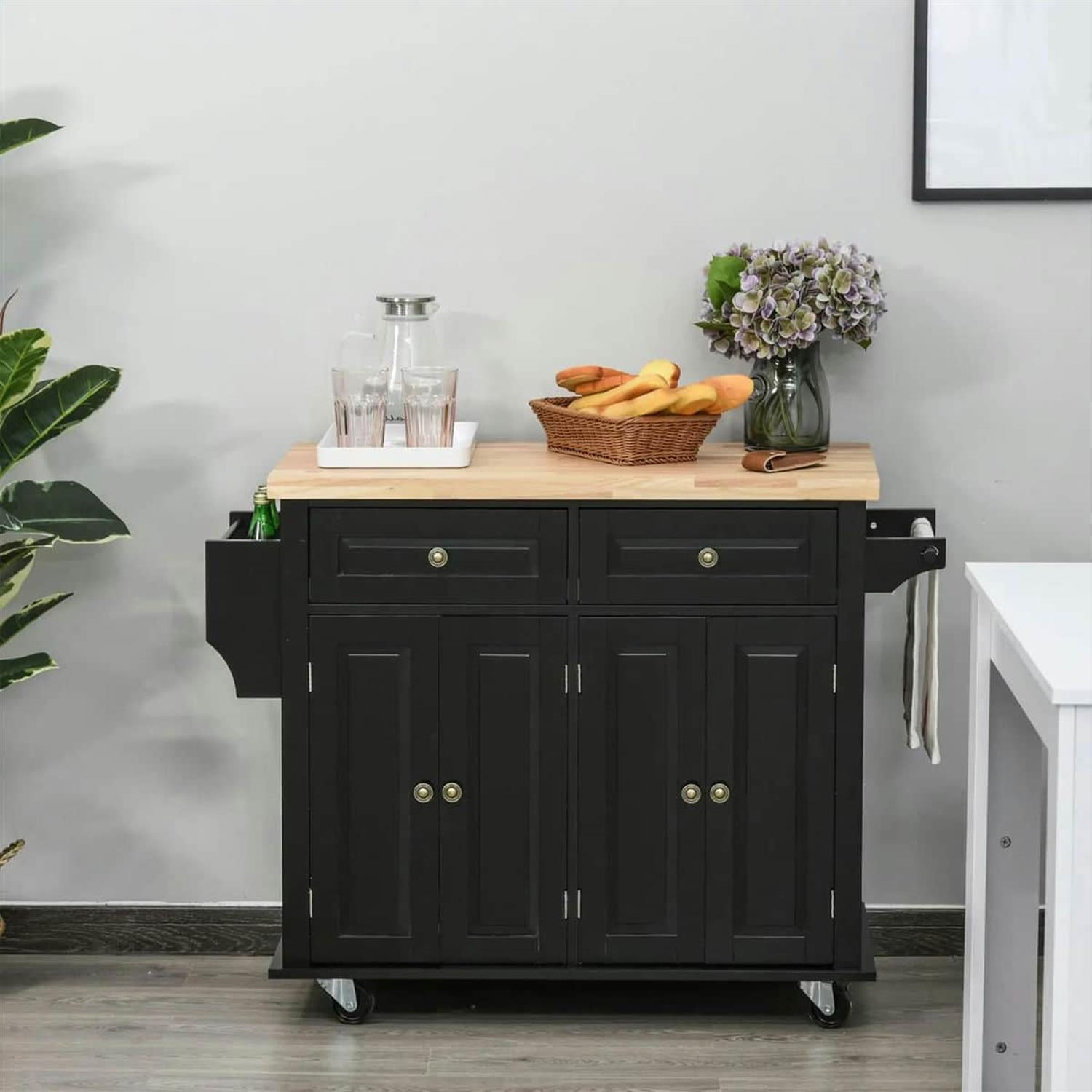 Demi Bonn 43" Modern Rolling Kitchen Cart with Spice Rack, Mobile Island for Kitchen, Easy Storage, Space-Saving Design, Black