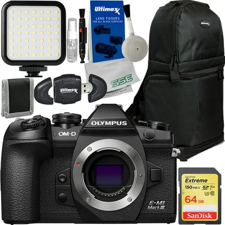 Olympus OM-D E-M1 Mark III Mirrorless Camera (Body Only) with Essential Accessory Bundle: SanDisk 64GB Extreme SDXC, Water-Resistant Camera Sling Backpack & More (16pc Bundle)