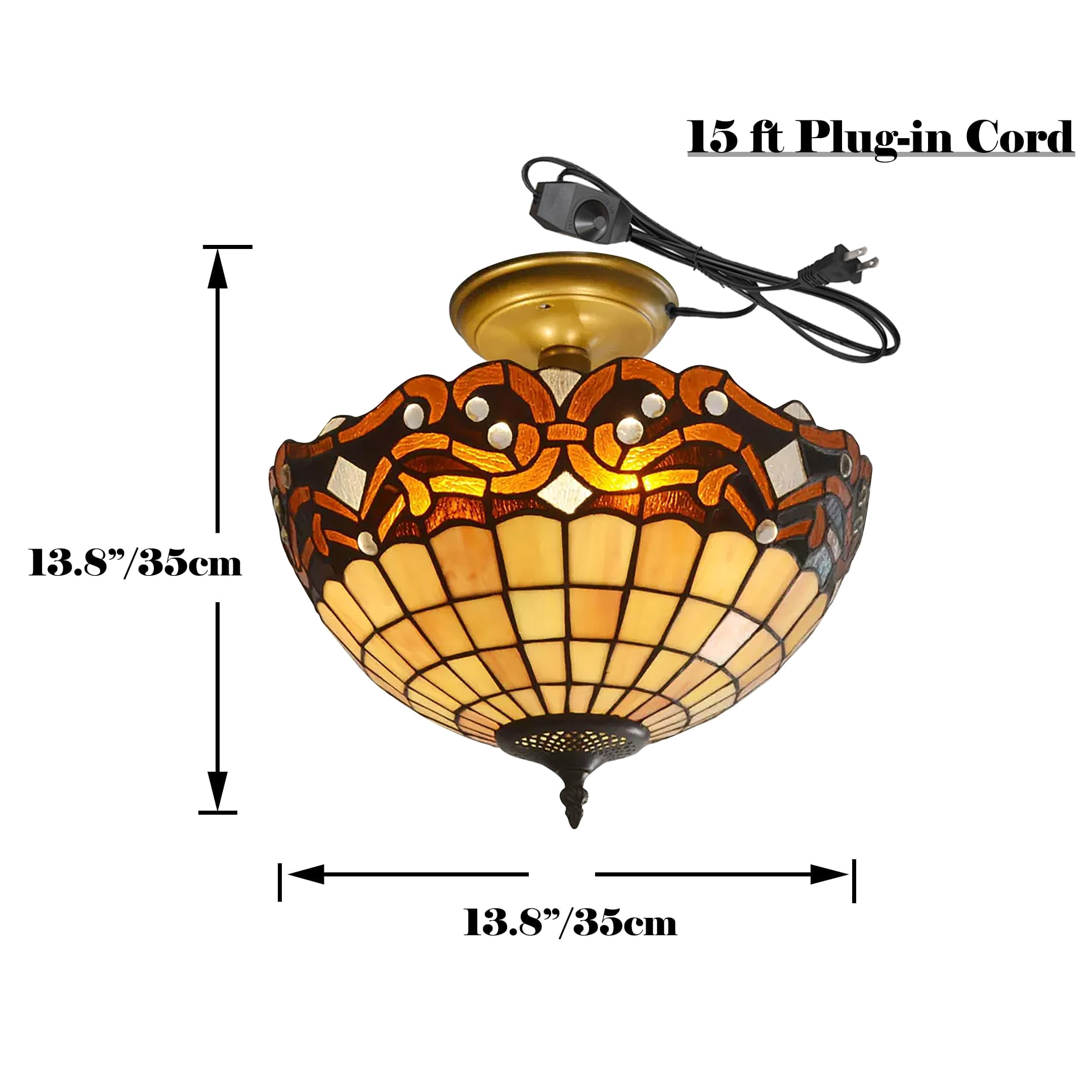 Kiven 13.8in Flush Mount Ceiling Light Fixture Dimmable, 3-Light Anti Glare Close to Ceiling Light with 15FT Plug-in Cord, Tiffany-Style Glass Chandelier for Bedroom Kitchen Hallway(No.3200)