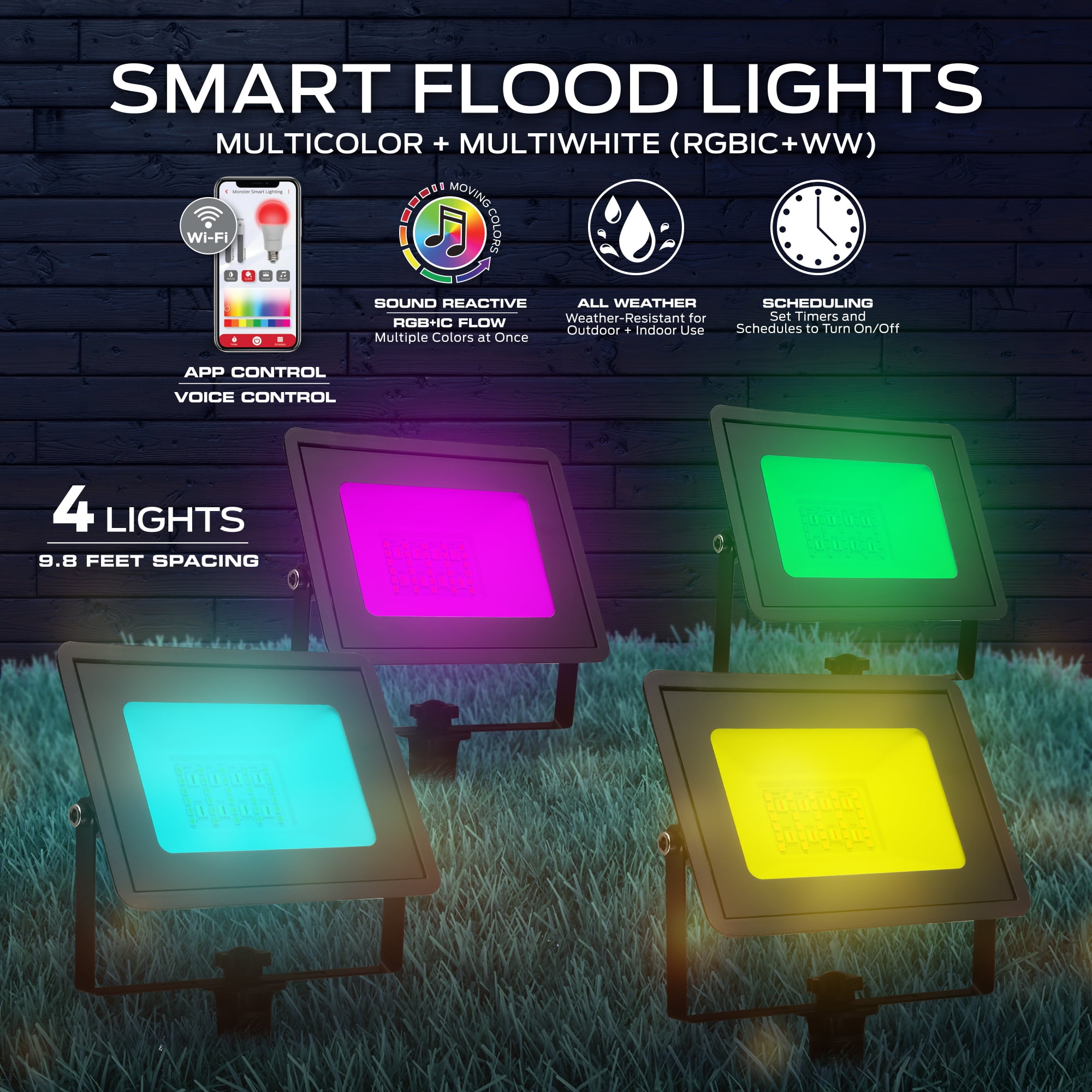 Monster Outdoor Flood Light Smart 4-Pack, Multiwhite LED Flood Light Outdoor, Wi-Fi App & Voice Control, Sound Reactive, Weather-Resistant
