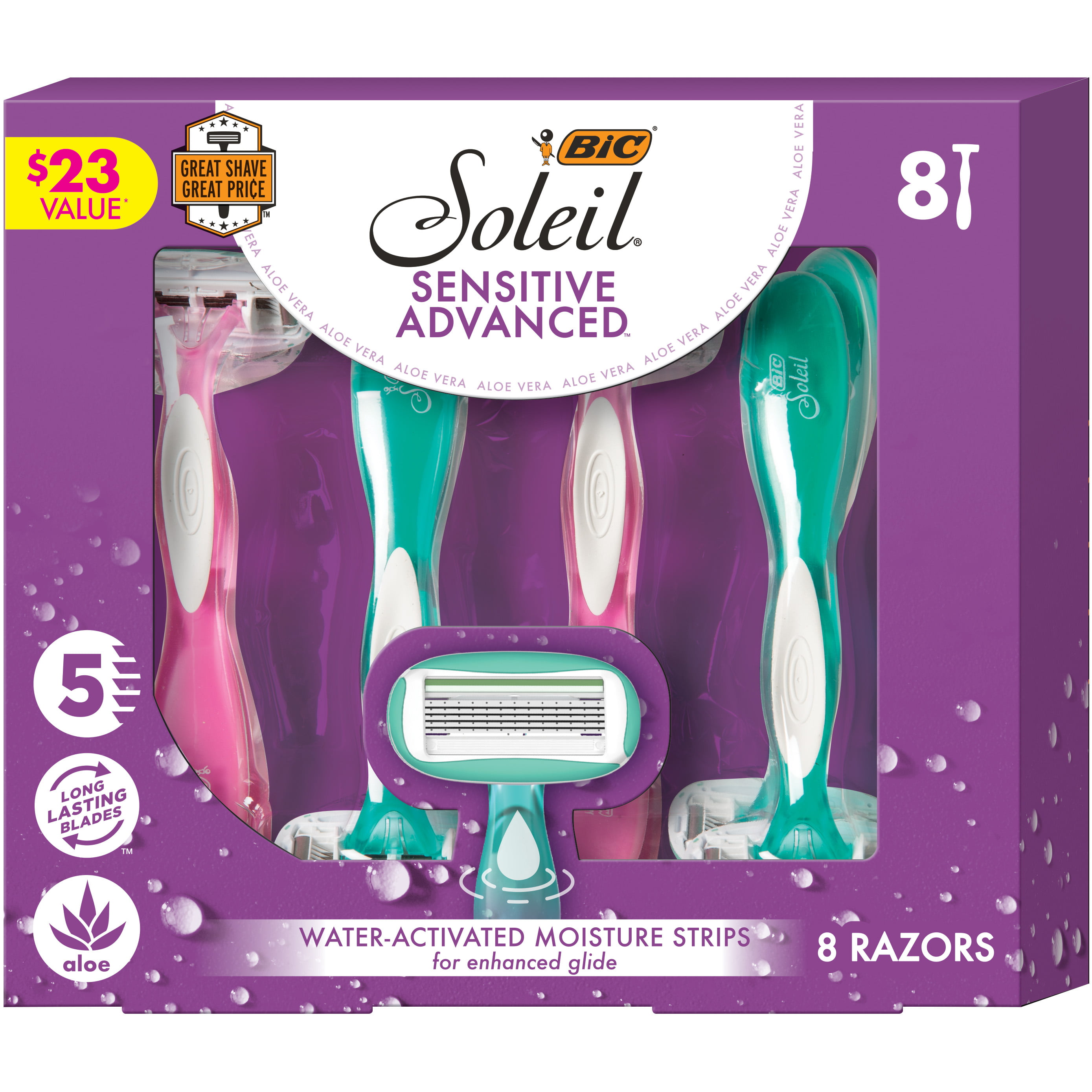BIC Holiday Gift Set, Soleil Sensitive Advanced Women's Disposable Razors, 8-Pack, Smooth and Close Shave