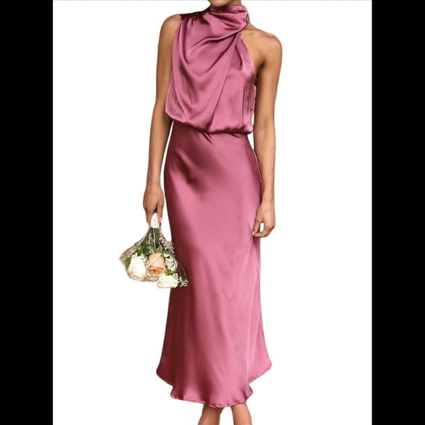 Vestido de Satén de Verano 2025 para Mujer, Elegante, Sin Mangas, con Cuello Alto, para Cóctel o Fiesta. Rosa Roja M
