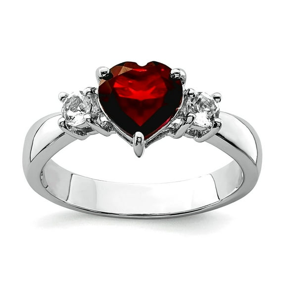 925 Sterling Silver Rhodium Plated Love Heart Garnet and White Topaz Ring Size 6 3.3mm Wide Statement Ring for Women
