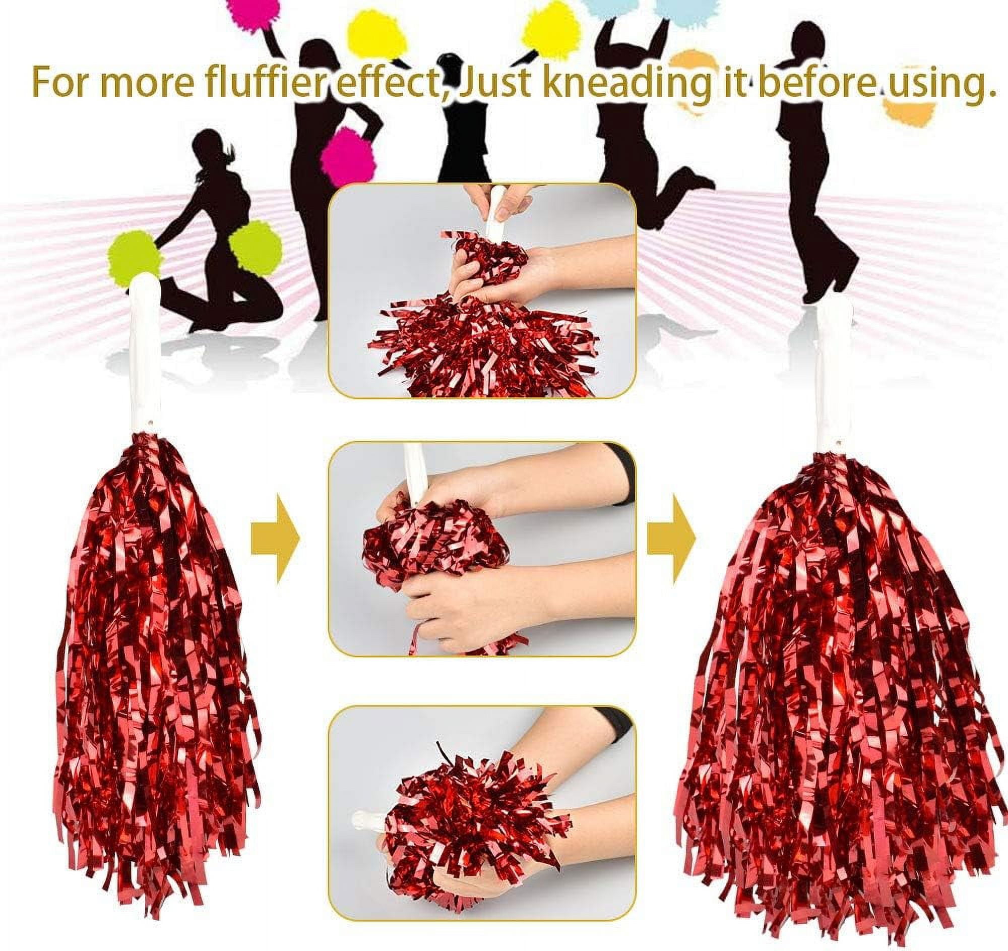 LINLIN 12 Pack Cheerleading Pom Poms Fluffy Pom Poms Cheer Metallic Strips With Plastic Handle, Cheerleader Pompoms for Sports Matches, Stage Performance, Holiday Celebrate