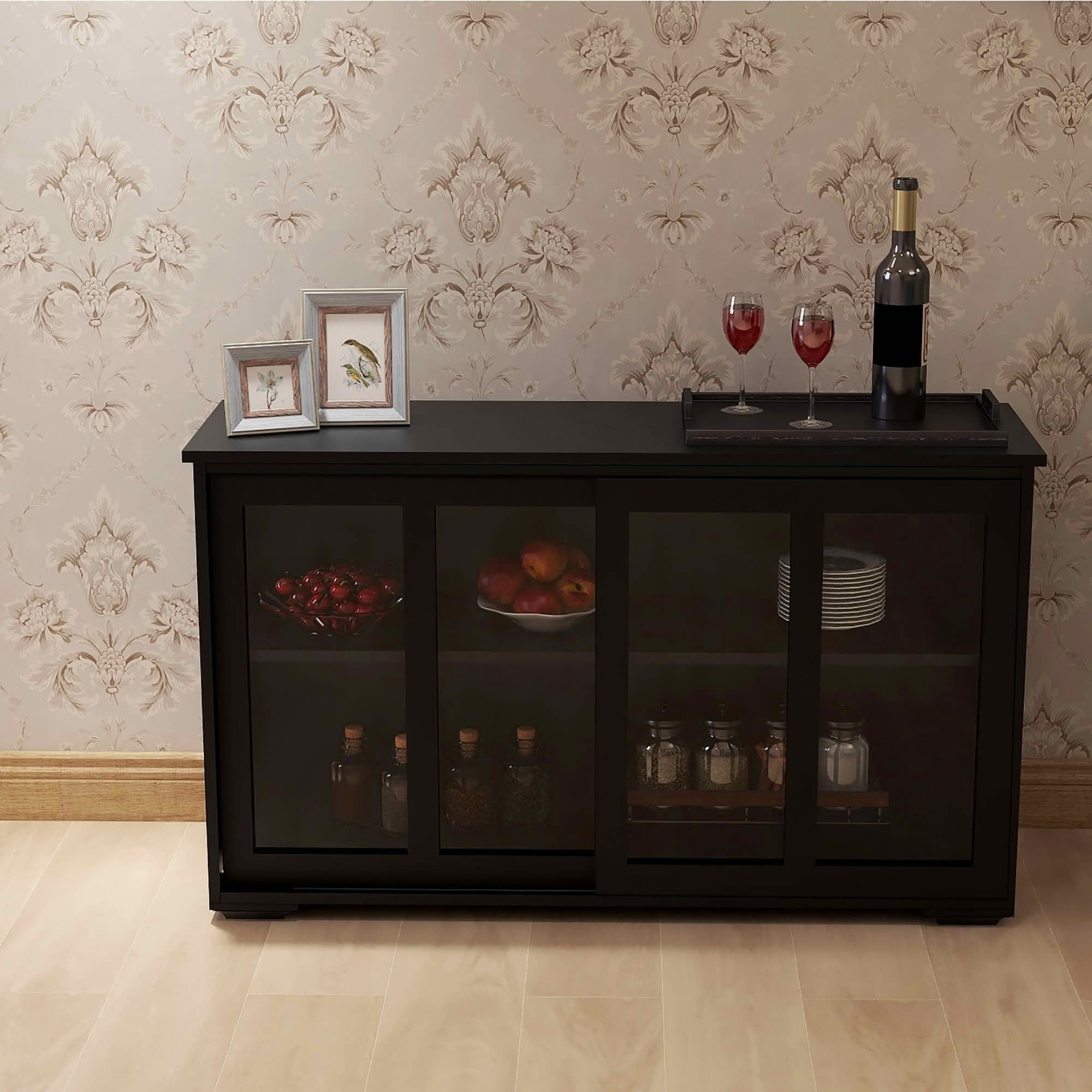 MAYEERTY Kitchen Storage Stand Cupboard with Glass Door Black