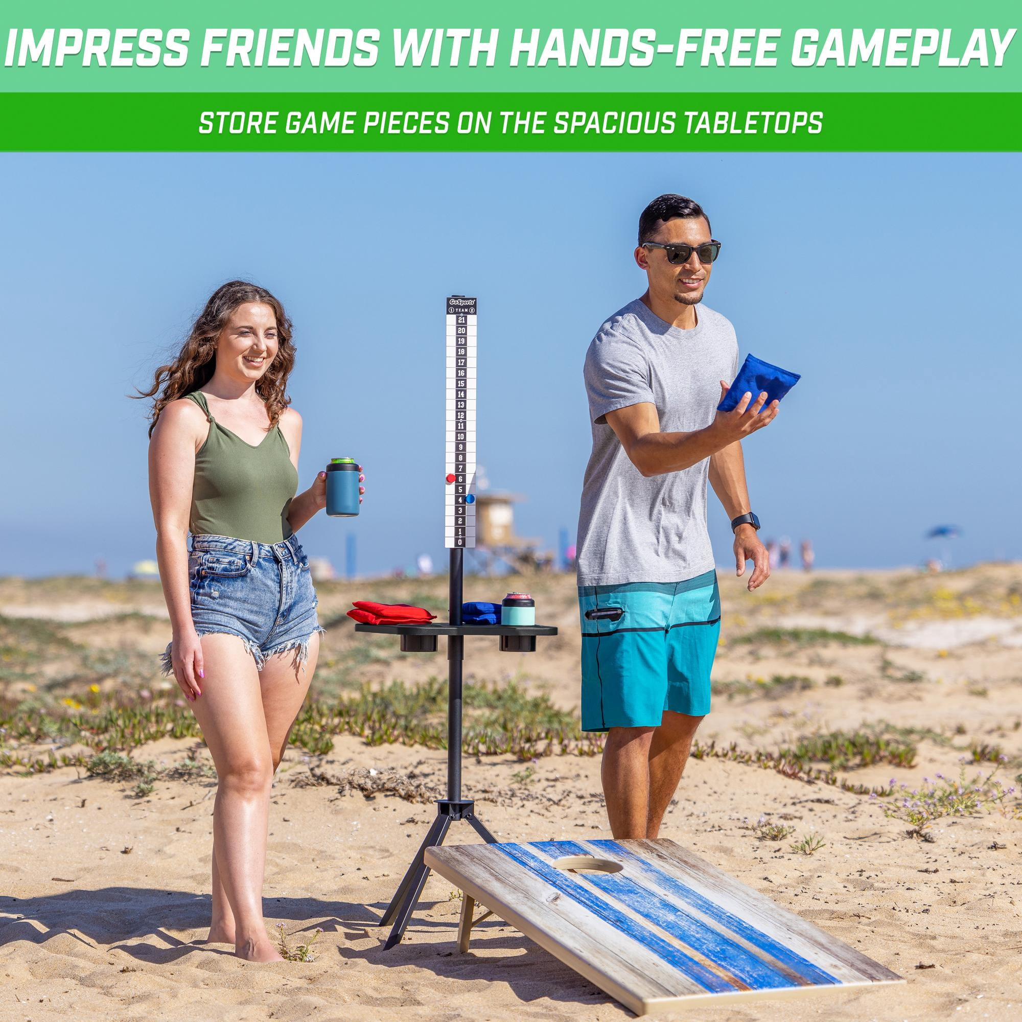 GoSports ScoreCaddy Set of 2 All Weather Cornhole Scoreboard Tables with Drink Holders - Outdoor Score Keeper Accessory for Yard Games