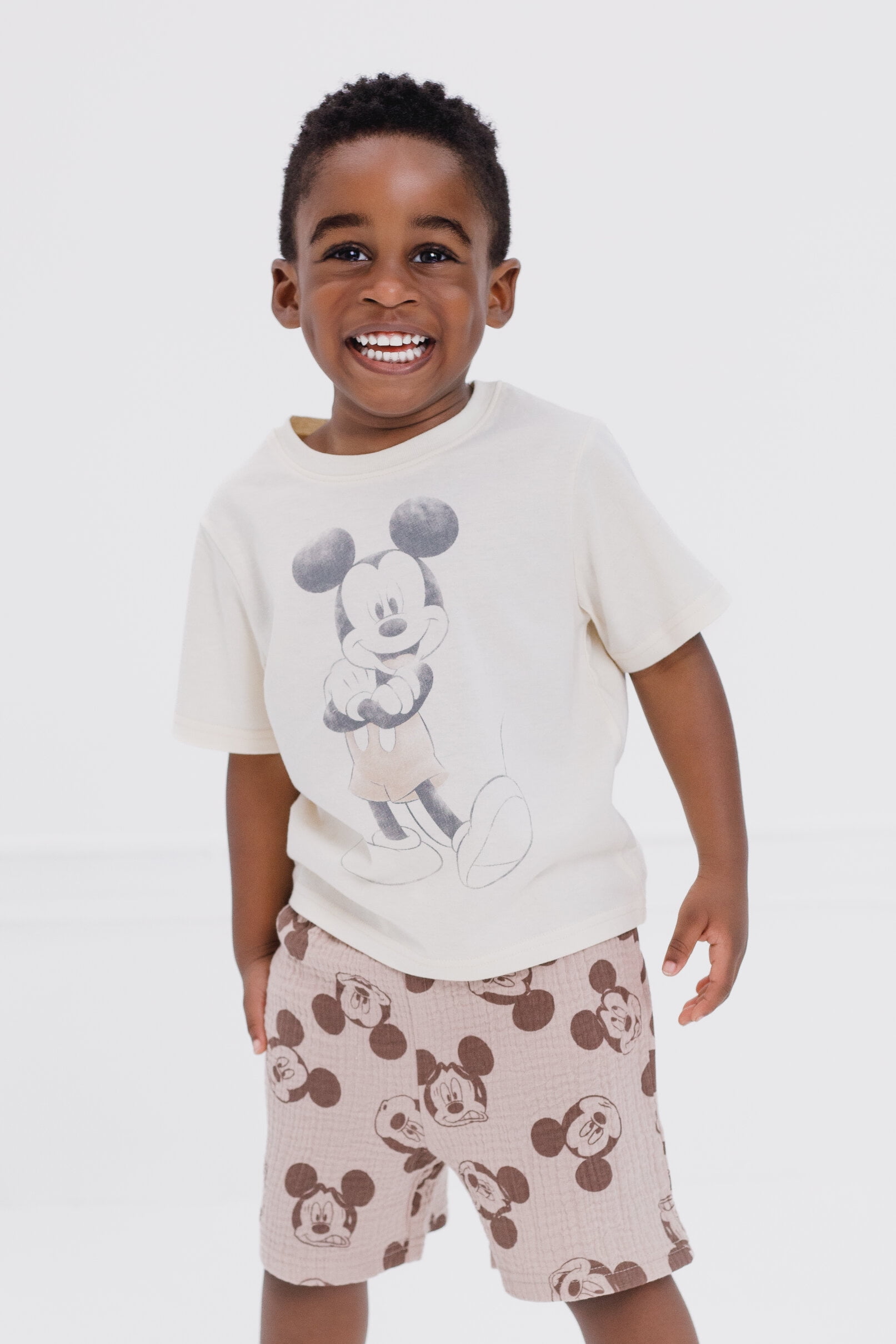 Disney Mickey Mouse Cotton Gauze Button Down Shirt, T-Shirt and Shorts 3 Piece Outfit Set Infant to Little Kid