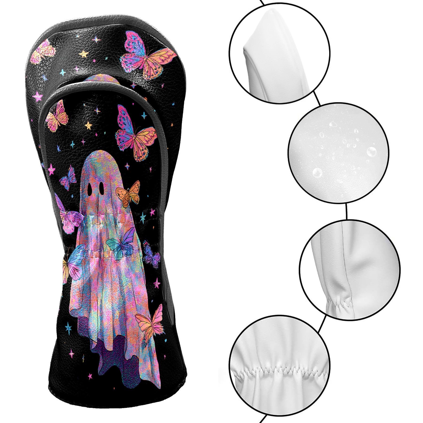 Golf Club Covers, Black GhostButterfly Premium PU Leather Driver Hybrid Putter Head Covers with Velvet Lining, Waterproof Golf Gifts for Men Women
