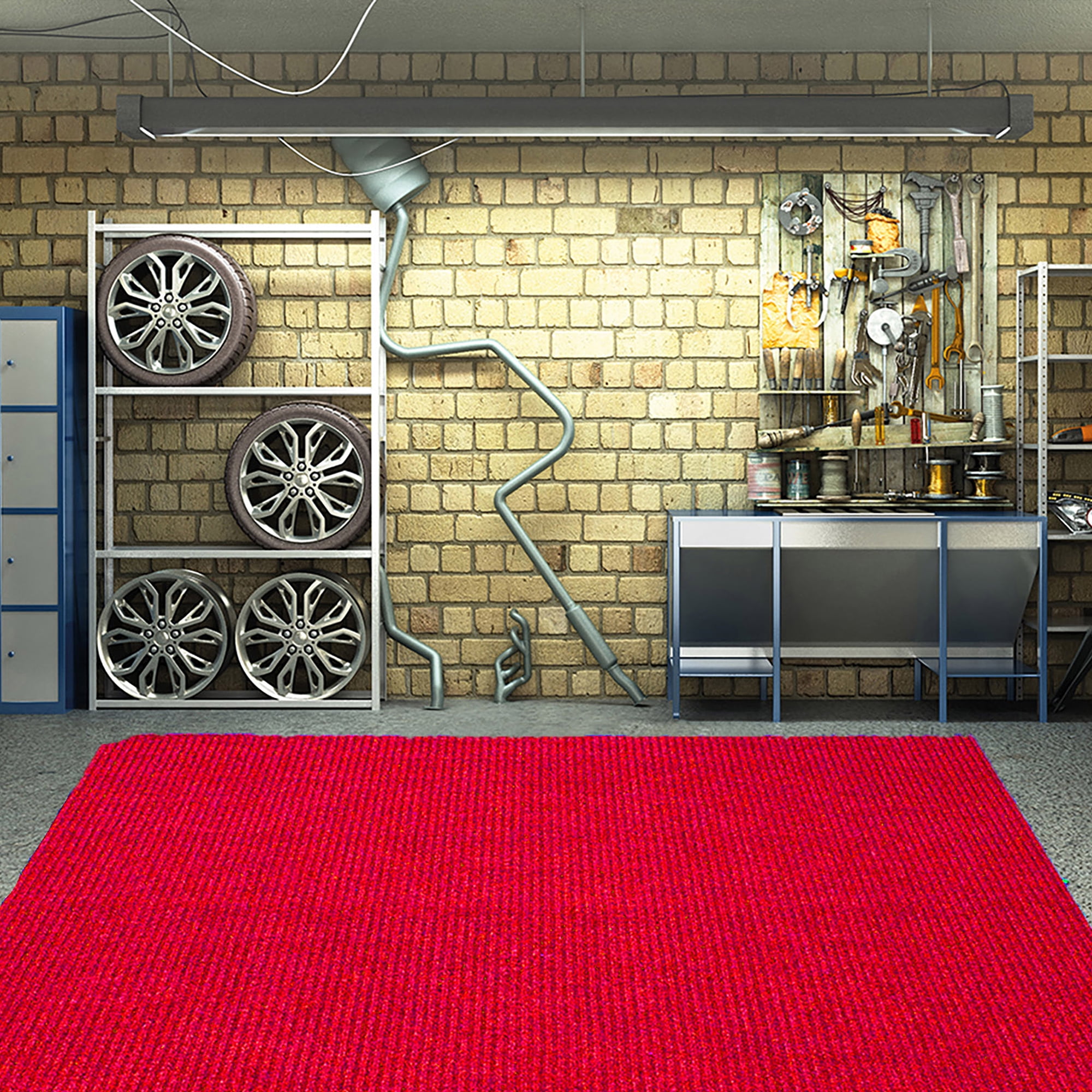 Ottomanson Scrabe Rib Waterproof Non-Slip Rubber Back Runner Rug, 2 ft. W x 8 ft. L, Red, Polypropylene Garage Flooring