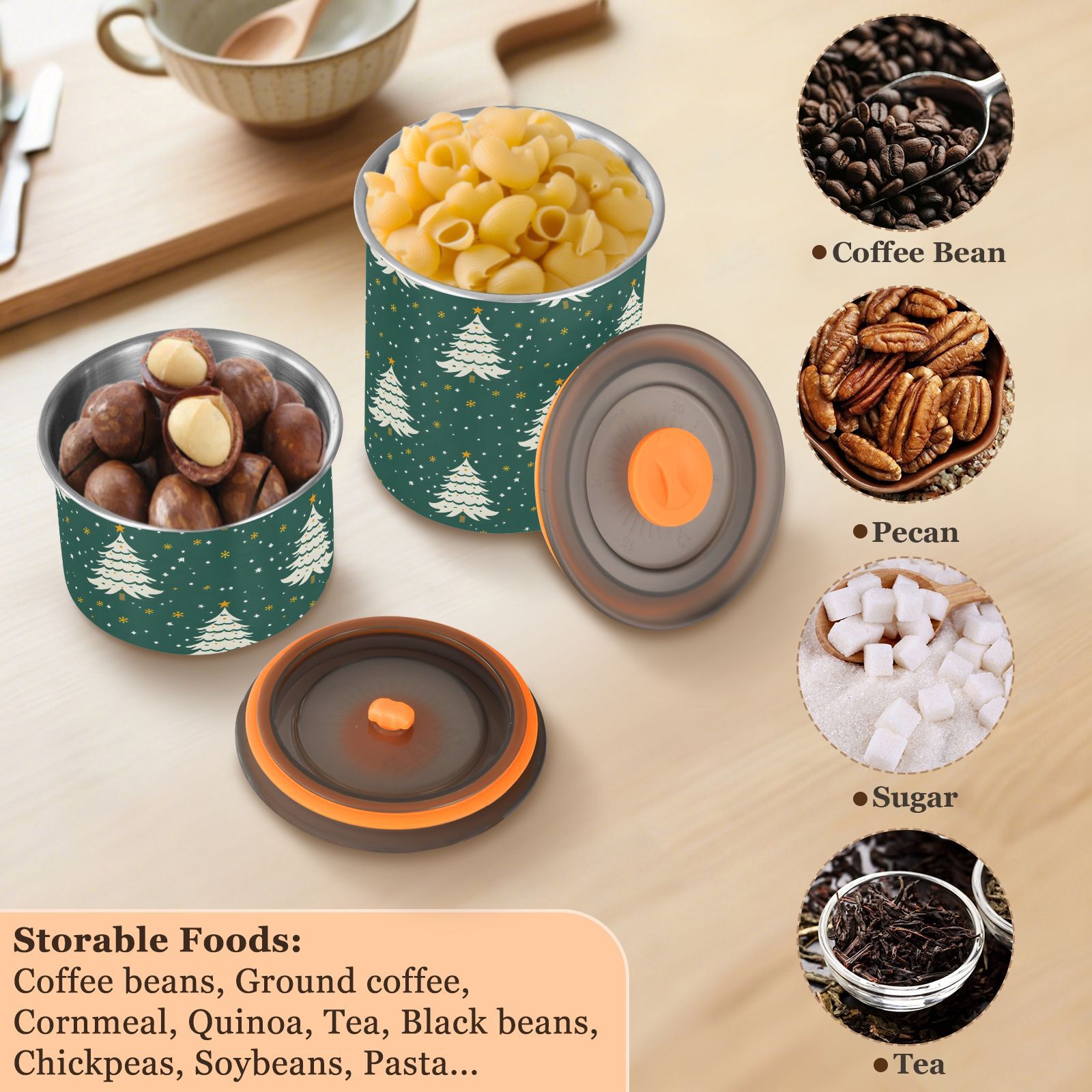 Christmas Tree Snow Airtight Coffee Bean Canister 30oz Food Storage Containers with Lids For Gournd, Tea, Sugar, Flour, Rice, Cereal, Candy Cookie Jar