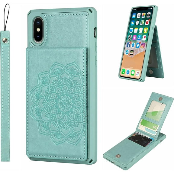 for iPhone Xs/X Wallet Case with RFID Blocking Card Holder for Girls Women,PU Leather Magnetic Buttons Portrait Stand Flip Wrist Strap Case for iPhone Xs 5.8 Inch,Mandala Green