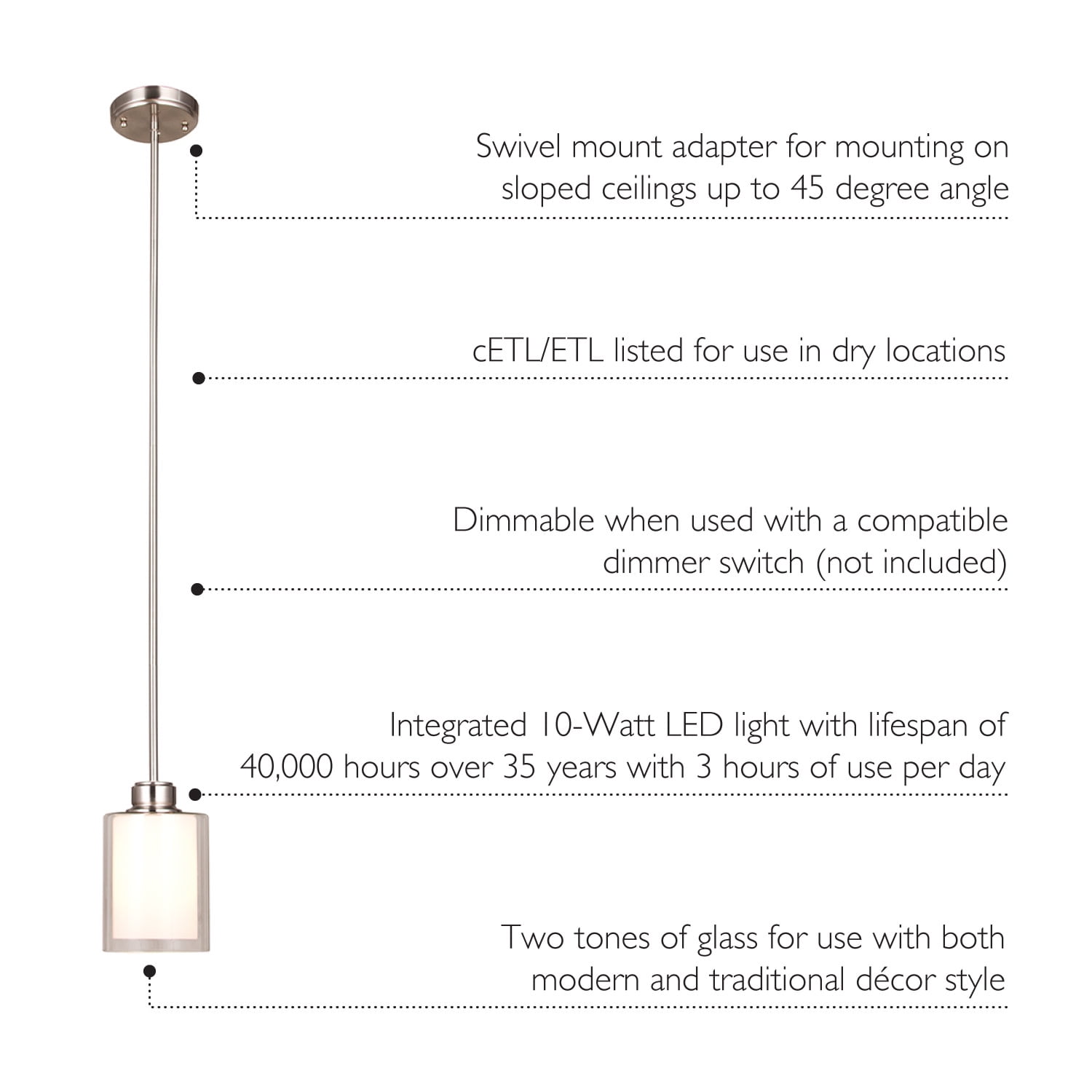 Design House 587345 Oslo Traditional 1-Light Integrated LED Indoor Dimmable Mini Pendant with Double Glass Shade for Bathroom Kitchen island bar Bar, Satin Nickel