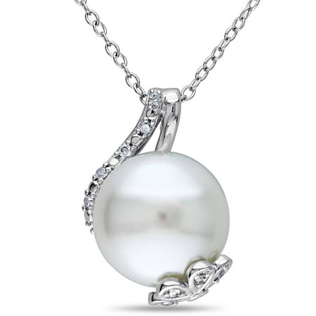 Freshwater Coin Pearl Pendant - 12-12.5mm White Button Cultured Freshwater Pearl and Diamond Accent Sterling Silver Fashion Pendant, 18