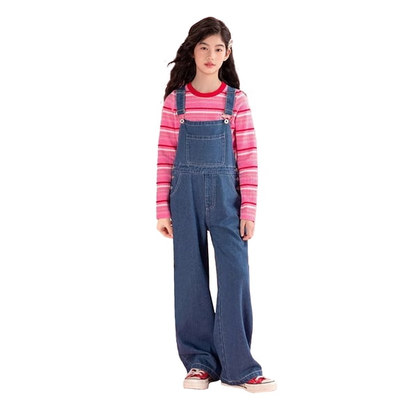 YunPes Girls Denim Overalls Kids Sleeveless Jumpsuit R𝐨mper Crisscross Bib Overall with Pockets Teen Western Casual Coveralls