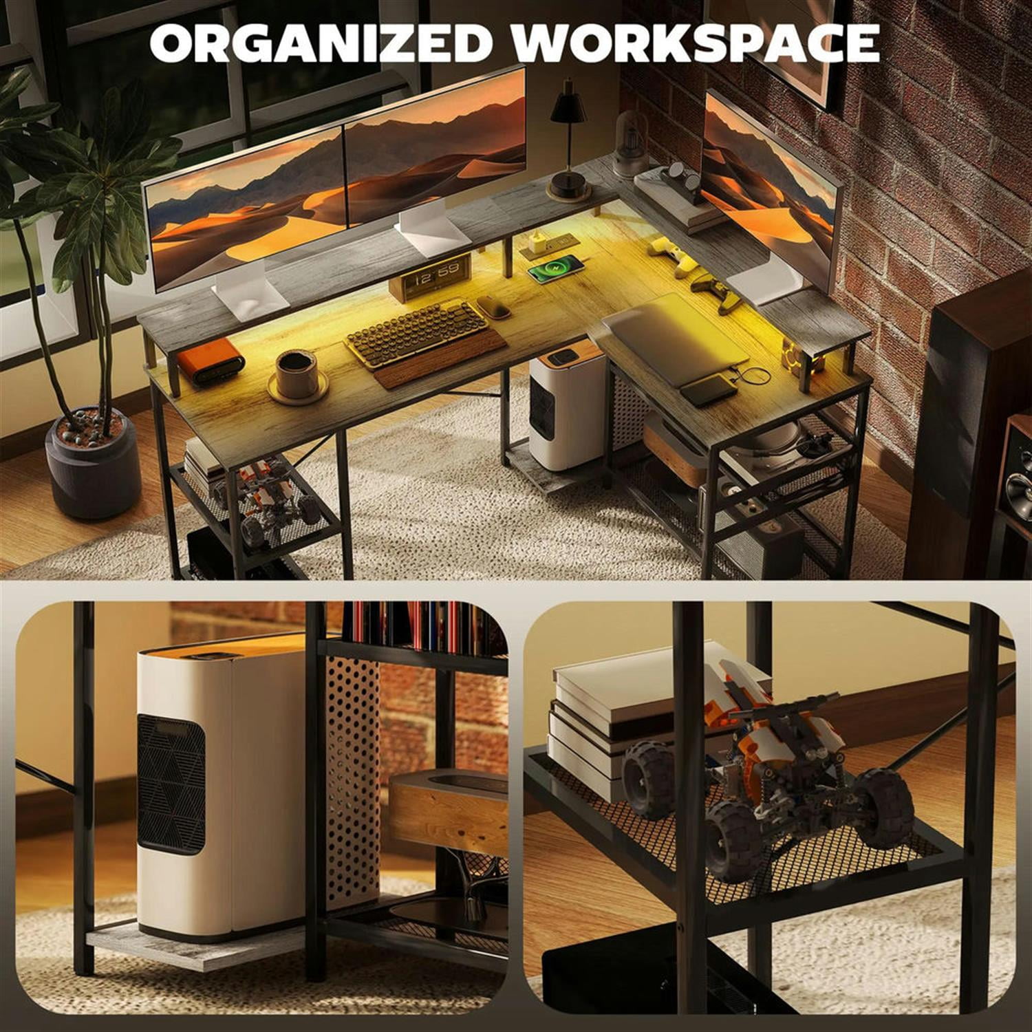 Demi Bonn 59" L Shaped Corner Office Desk with LED Lights and Power Outlets, Home Computer Desk for Living Room, Office, Study Writing Table PC Desks, Gray