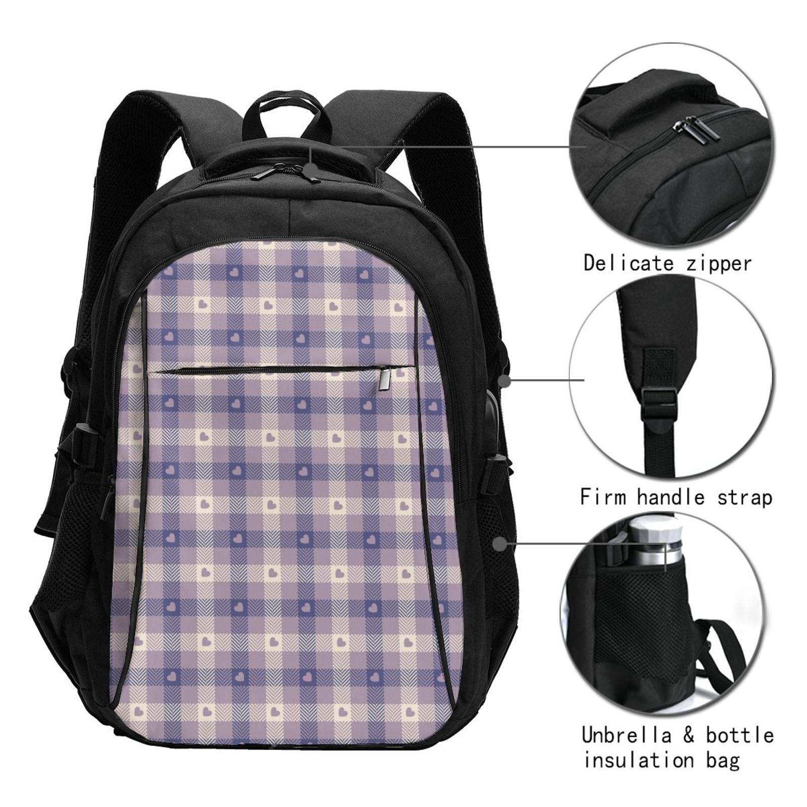 Vsdgher Heart Check Plaid Print Travel Laptop Backpack, Laptops Backpack with USB Charging Port, Water Resistant Computer Bag Gift for Men & Women