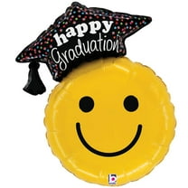 Betallic Happy Graduation Smiley Face Grad 26IN Super Shape Foil Balloon, Yellow Black