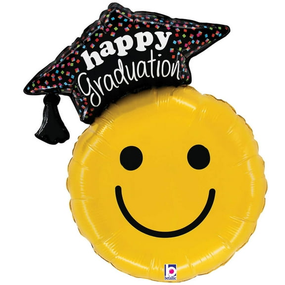Betallic Happy Graduation Smiley Face Grad 26IN Super Shape Foil Balloon, Yellow Black