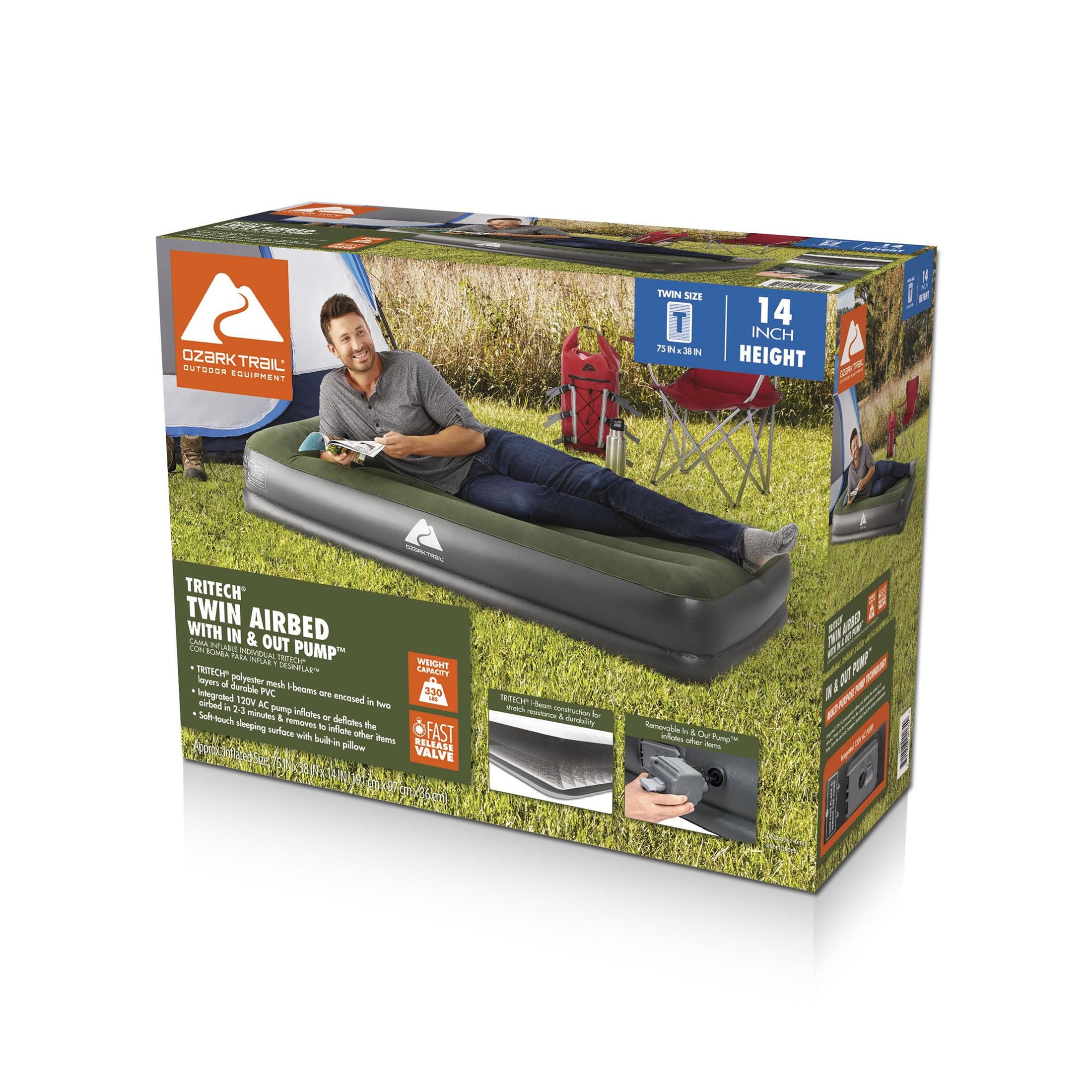 Ozark Trail Twin Air Mattress, Air Bed with Pump, 14 Inch Inflatable Air Mattress, Blow Up Bed
