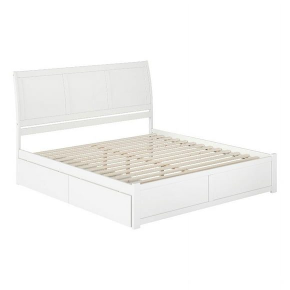 Portland King Wood Platform Bed with Footboard and Storage Drawers in White