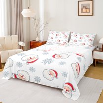 Homewish Xmas Santa Claus 4 Pieces Queen Sheet Sets For Teens Boys Girls,Winter Snowflake Ultra Soft Flat Sheet,Merry Christmas Queen Fitted Sheet,Ultra Soft Home Decor