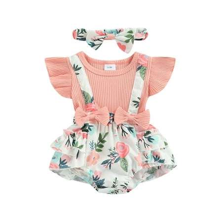 

ELF 2PCS Baby Girl Romper Short Sleeve Round Neck Toddlers Loose Summer Casual Ruffle Dress+Headband