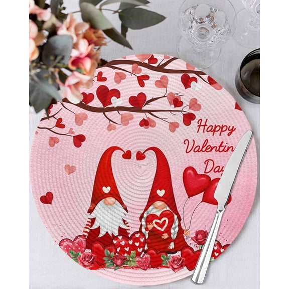 13 Inch Round Placemats Set of 4, Valentine's Day Non Slip Heat Insulation PP Table Mats, Red Love Tree Gnomes Roses Pink Romance Washable Place Mats for Kitchen Dining Party Table Decor