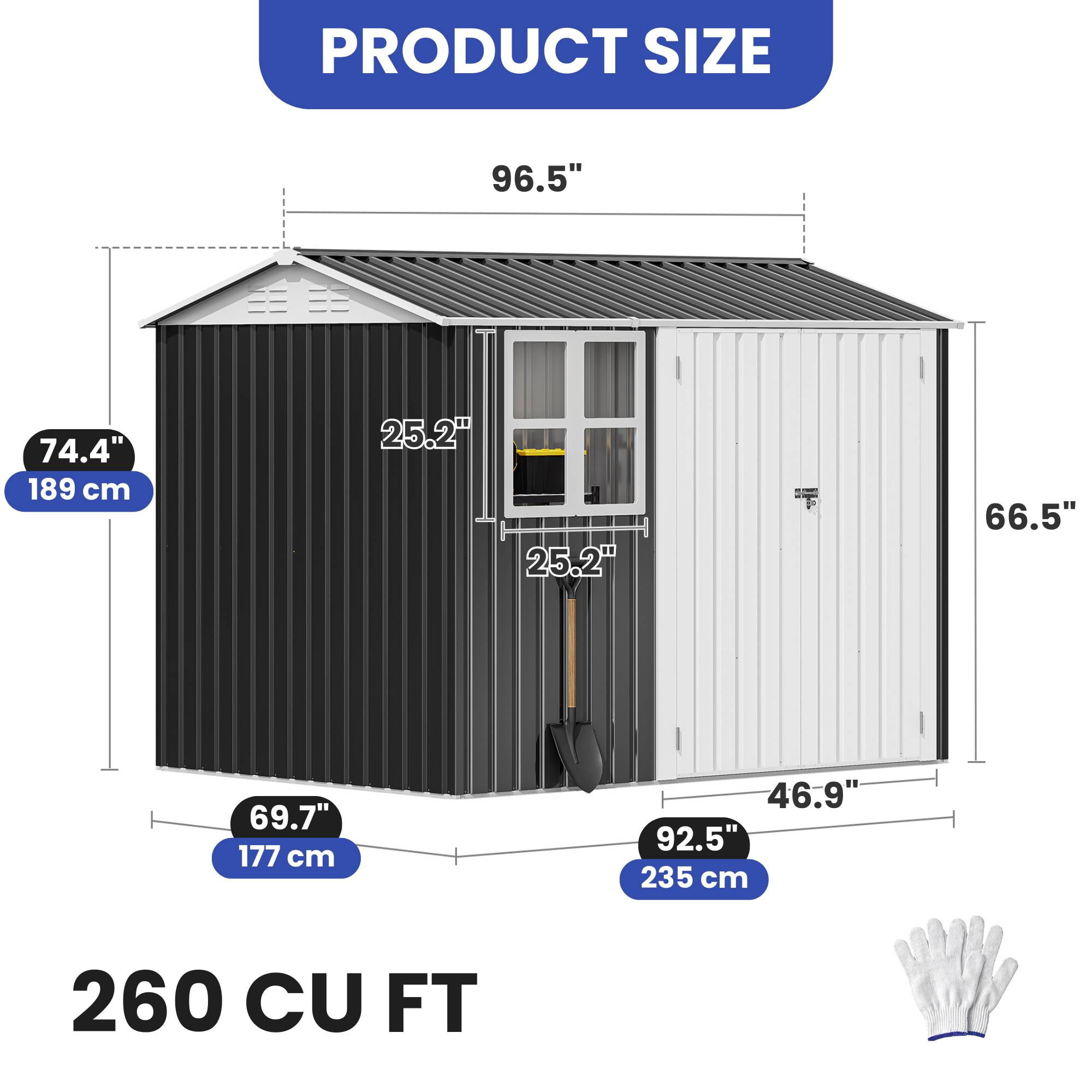 ModFusion 8x6 ft Storage Shed with Large Window, Lock, Galvanized Metal, Shutter Vents, Garden Tools Bike Storage Pool Supplies Organizer, Dark Gray and White