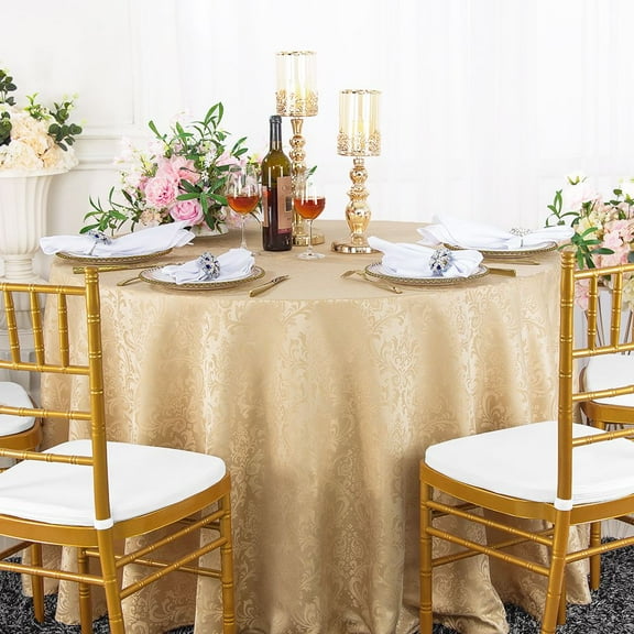 Wedding Linens Inc. 90" Seamless Round Jacquard Damask Polyester Tablecloths - Champagne