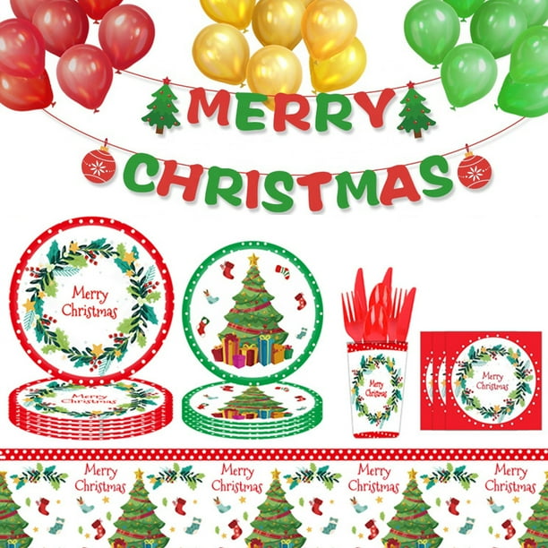 Vajilla Desechable Navideña, Decoración para Fiestas, Juegos de 24 Bandejas de Papel y Pañuelos Navideños.