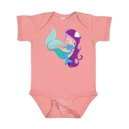 

Inktastic Cute Mermaid Little Mermaid Purple Hair Dolphin Girls Baby Bodysuit