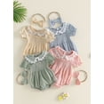 thumbnail image 3 of Aojekbee Baby Girl Summer Romper Fashionable Flower Trim Short Bubble Sleeve Smocked Jumpsuit with Headband, 3 of 9
