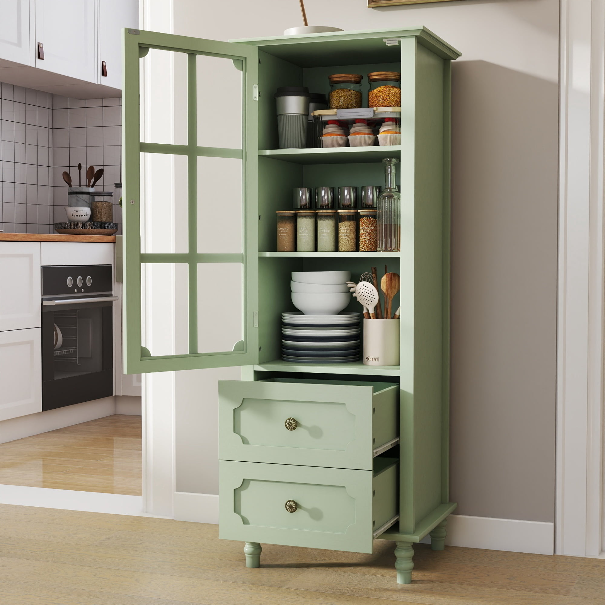 Leumius Minimalism Buffet Cabinet with Glass Doors and Double Drawer, Modern Wooden Storage Sideboard Cupboard for Living room Dining Room Hallway Entryway Green