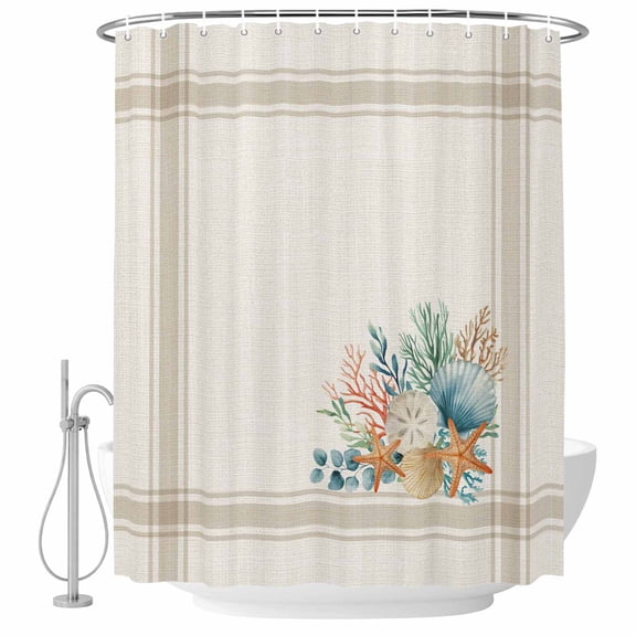 Summer Coastal Shower Curtain, Waterproof Shower Curtains for Bathroom, Nautical Beach Marine Life Beige Striped Washable Fabric Bathtub Curtain Set Bath Decor with 12 Hooks 48"x72"