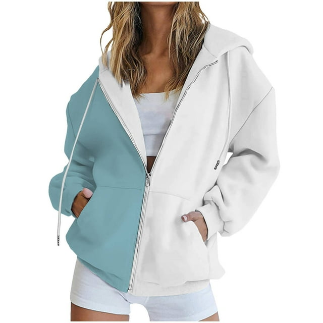 Timegard Zip up Hoodies for Women Long Sleeve Color Block Sweatshirts Fall Winter Loose Comfy Jacket