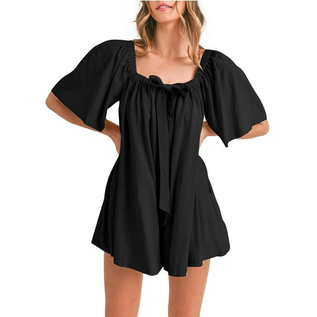 Nuoqisi Women's Solid Color Square Neck Short Sleeve Convertible Off-Shoulder Tie Strap Romper Jumpsuit - Versatile One-Piece with Adjustable Neckline for Summer Style