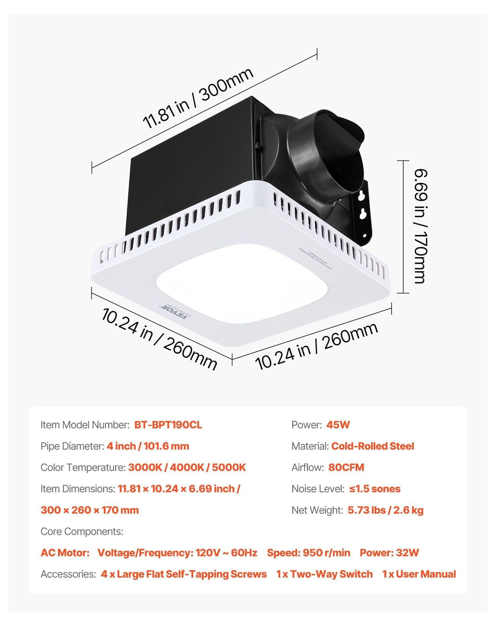 Bathroom Exhaust Fan with LED Light, 80 CFM Quiet Vent Fan, Adjustable Color Temp