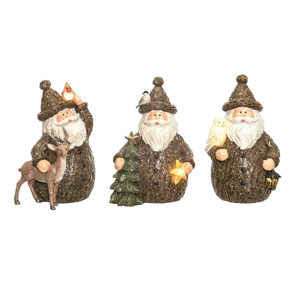 Transpac Light Up Rustic Santa Figurine Set of 3 Christmas Home Decorations Resin Decorative Objects